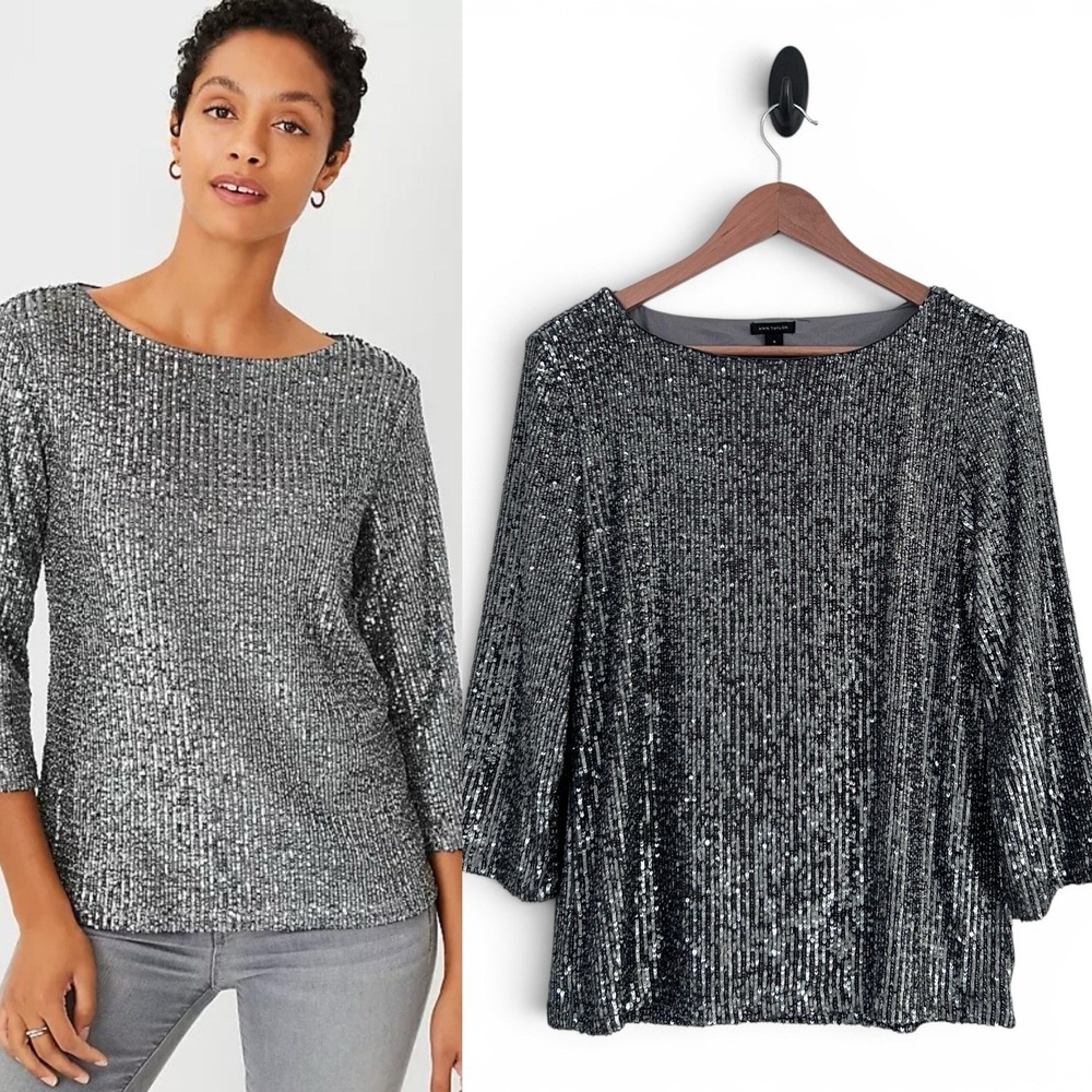 Ann Taylor Women's Medium Silver Gray Sequined Lined 3/4 Sleeve Top Blouse NWOT